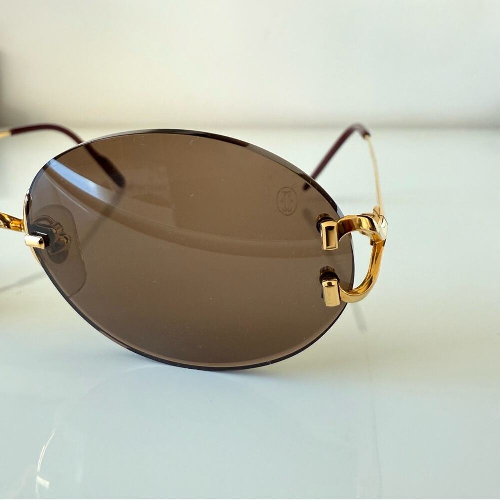 CARTIER Oval Rimless Sunglasses Brown  Gold Frame Authentic Vintage - Picture 3 of 10